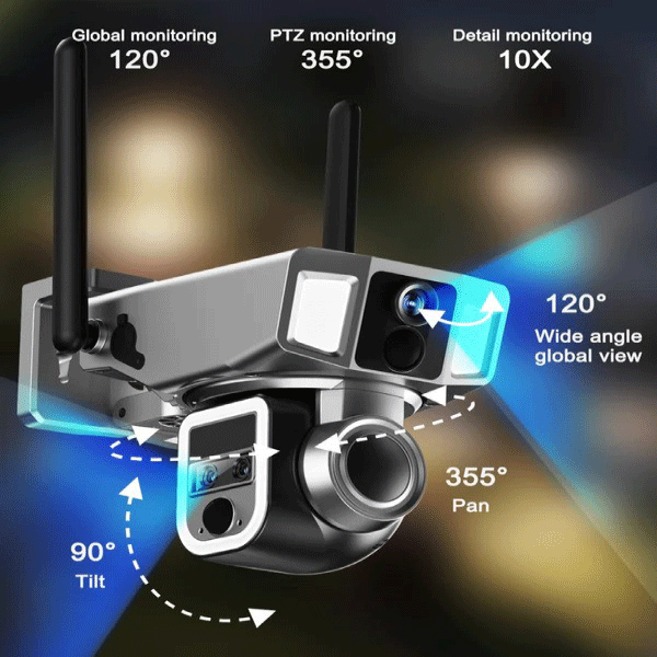 SOLAR TRIPLE-LENS LINKAGE CAMERA 10X ZOOM WIFI 4G SECURITY CAMERAS SURVEILLANCE