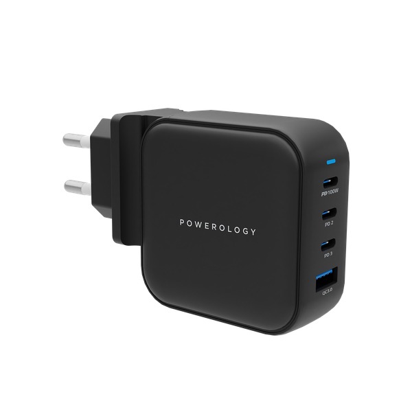 Powerology 3 Port PD + 1 QC3.0 GaN Wall Charger 100W - Black