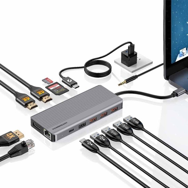 Powerology 13in1 USB-C Hub 4K HDMI Type-C 100W PD Ethernet USB SD MicroSD 3.5AUX - Dark