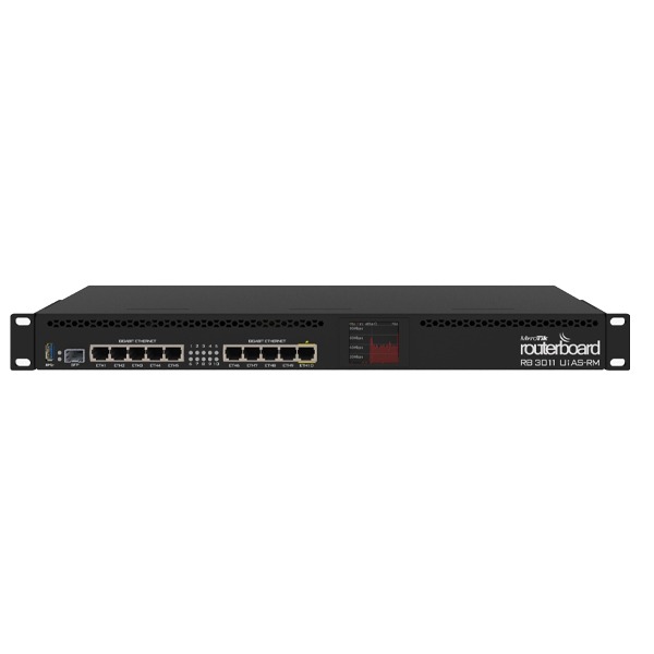 Mikrotik1U rackmount, 10xGigabit Ethernet, SFP, USB 3.0, LCD, PoE out on port 10, 2x1.4GHz CPU, 1GB