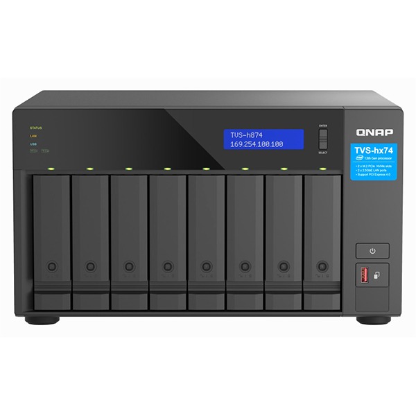 QNAP 8-bay QuTS hero NAS, Intel® Core i7 12-core (8 Performance cores + 4 Efficient cores) /20-thread, 32GB SO-DIMM DDR4(max.64GB), 8 x 2.5"/3.5" SATA HDD/SSD, 2 x 2.5GbE, 2x M.2 PCIe Gen4 x4 slots, 1 x Type-C USB 3.2 Gen 2 10Gbps, 2 x Type-A USB 3.2 Gen 2 10Gbps,  PCIe Gen4 slots, HDMI 1.4b, 350W PSU