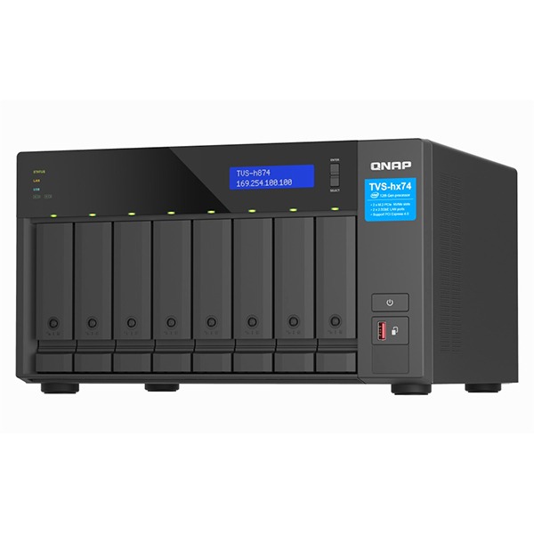 QNAP 8-bay QuTS hero NAS, Intel® Core i7 12-core (8 Performance cores + 4 Efficient cores) /20-thread, 32GB SO-DIMM DDR4(max.64GB), 8 x 2.5"/3.5" SATA HDD/SSD, 2 x 2.5GbE, 2x M.2 PCIe Gen4 x4 slots, 1 x Type-C USB 3.2 Gen 2 10Gbps, 2 x Type-A USB 3.2 Gen 2 10Gbps, PCIe Gen4 slots, HDMI 1.4b, 350W PSU