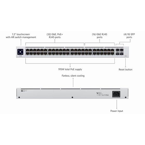 Ubiquiti 48-Port, Layer 2 Switch, 32-GbE PoE+, 16-GbE, 4-SFP (1G), Fanless, silent cooling, 195W