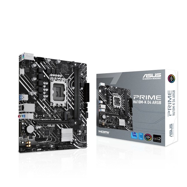 ASUS PRIME H610M-K D4 ARGB micro-ATX motherboard, Intel 12th, 13th, and 14th Gen processors. DDR4 memory up to 64GB, PCIe 4.0, M.2 NVMe slot, Realtek 1Gb Ethernet, customizable ARGB lighting