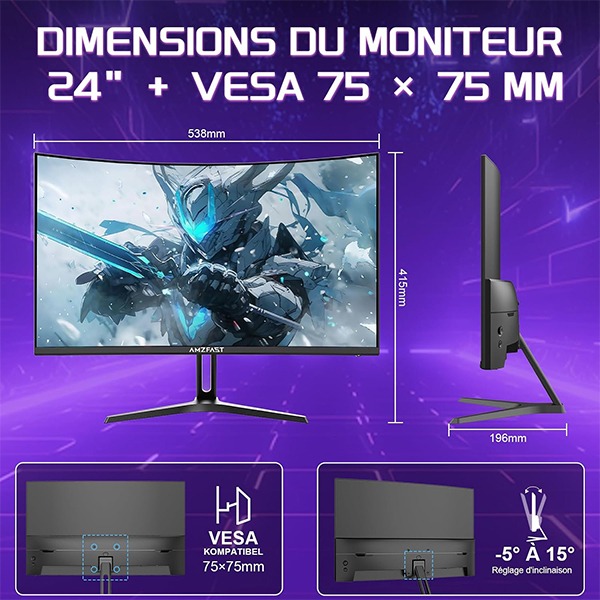 Amzfast AMZG24C1 Curved Gaming Monitor 24 Inches - 180Hz - Image 3